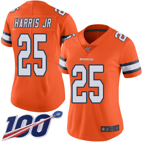 Broncos #25 Chris Harris Jr Orange Women's Stitched Football Limited Rush 100th Season Jersey