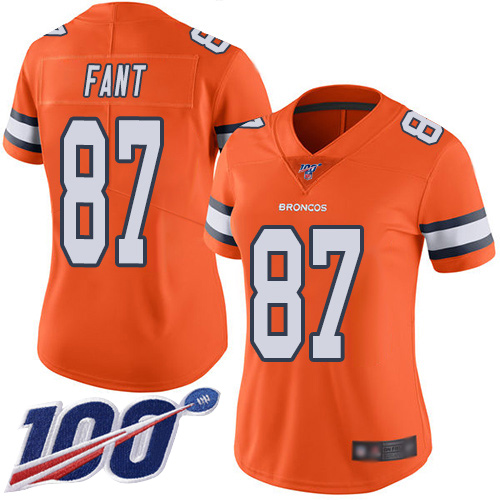 Broncos #87 Noah Fant Orange Women's Stitched Football Limited Rush 100th Season Jersey
