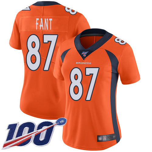 Broncos #87 Noah Fant Orange Team Color Women's Stitched Football 100th Season Vapor Limited Jersey