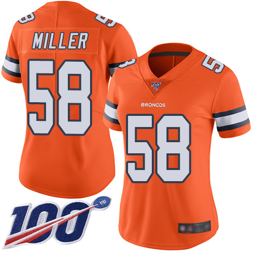 Broncos #58 Von Miller Orange Women's Stitched Football Limited Rush 100th Season Jersey
