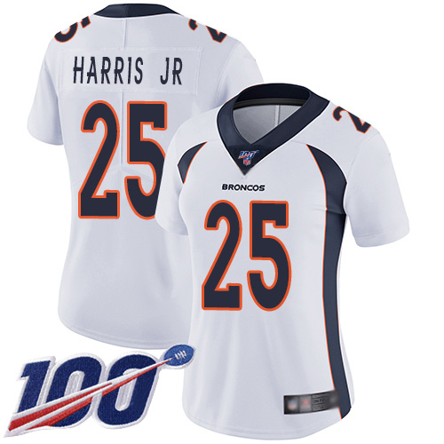 Broncos #25 Chris Harris Jr White Women's Stitched Football 100th Season Vapor Limited Jersey