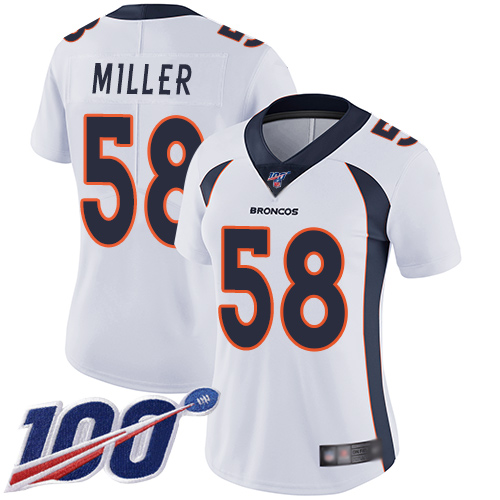 Broncos #58 Von Miller White Women's Stitched Football 100th Season Vapor Limited Jersey