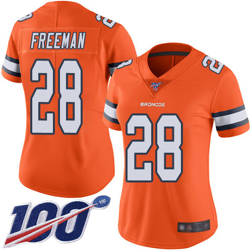 Broncos #28 Royce Freeman Orange Women's Stitched Football Limited Rush 100th Season Jersey