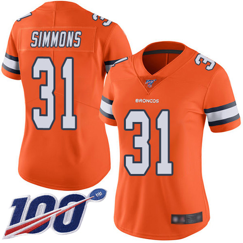 Broncos #31 Justin Simmons Orange Women's Stitched Football Limited Rush 100th Season Jersey