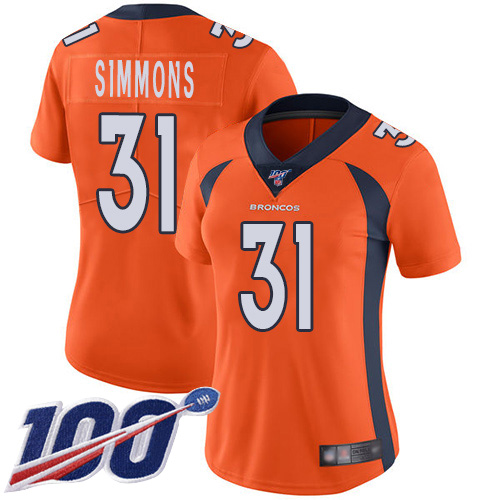 Broncos #31 Justin Simmons Orange Team Color Women's Stitched Football 100th Season Vapor Limited Jersey