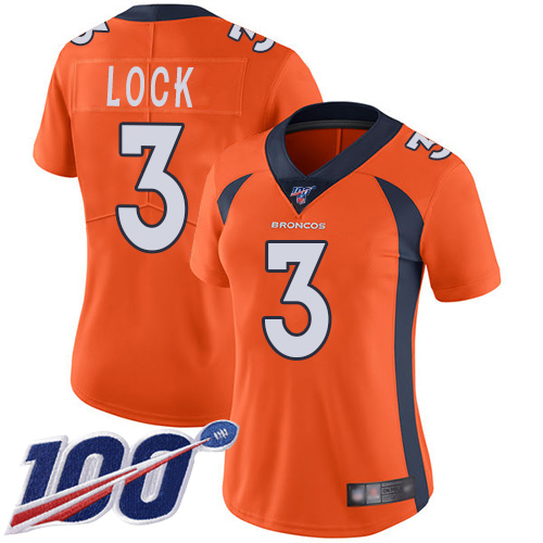 Broncos #3 Drew Lock Orange Team Color Women's Stitched Football 100th Season Vapor Limited Jersey