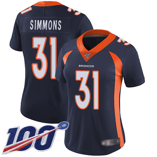 Broncos #31 Justin Simmons Navy Blue Alternate Women's Stitched Football 100th Season Vapor Limited Jersey