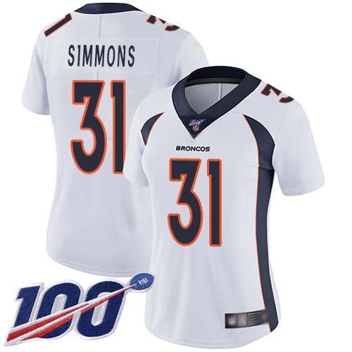 Broncos #31 Justin Simmons White Women's Stitched Football 100th Season Vapor Limited Jersey