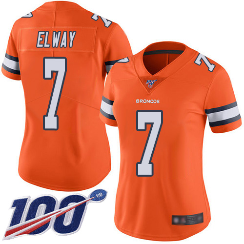 Broncos #7 John Elway Orange Women's Stitched Football Limited Rush 100th Season Jersey