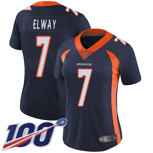 Broncos #7 John Elway Navy Blue Alternate Women's Stitched Football 100th Season Vapor Limited Jersey