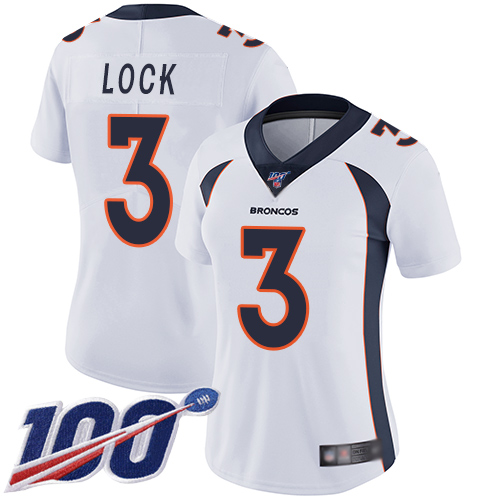 Broncos #3 Drew Lock White Women's Stitched Football 100th Season Vapor Limited Jersey