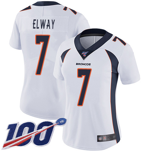 Broncos #7 John Elway White Women's Stitched Football 100th Season Vapor Limited Jersey