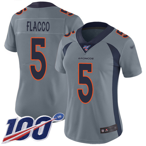 Broncos #5 Joe Flacco Gray Women's Stitched Football Limited Inverted Legend 100th Season Jersey