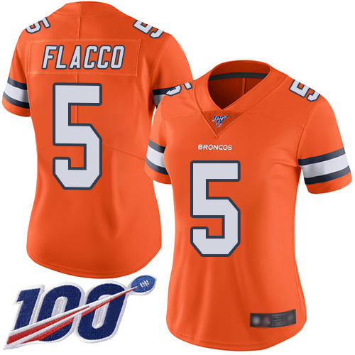 Broncos #5 Joe Flacco Orange Women's Stitched Football Limited Rush 100th Season Jersey