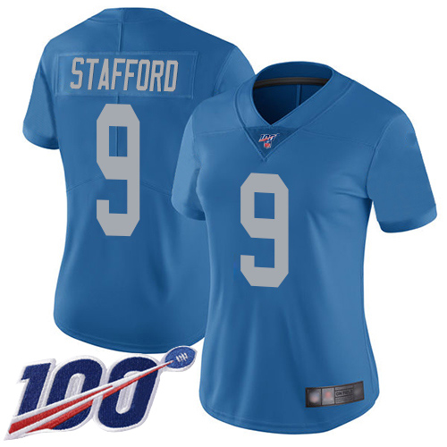 Lions #9 Matthew Stafford Blue Throwback Women's Stitched Football 100th Season Vapor Limited Jersey