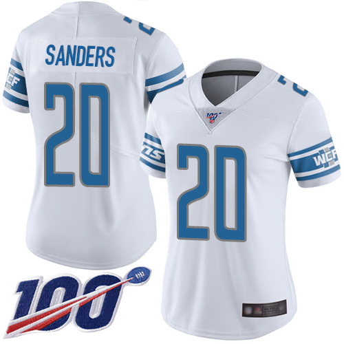 Lions #20 Barry Sanders White Women's Stitched Football 100th Season Vapor Limited Jersey