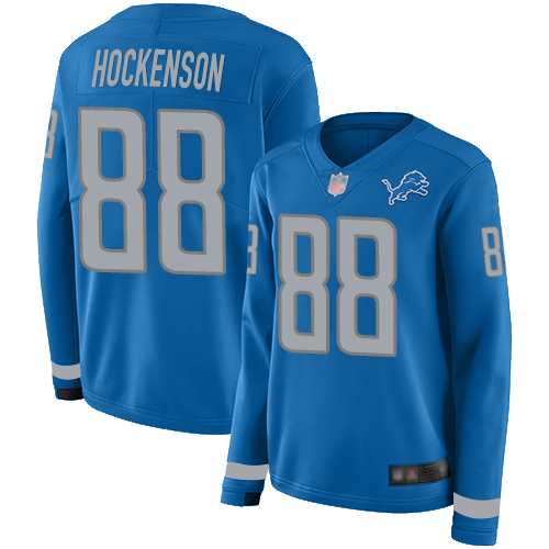 Lions #88 T.J. Hockenson Blue Team Color Women's Stitched Football Limited Therma Long Sleeve Jersey
