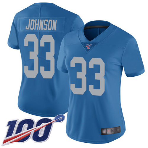 Lions #33 Kerryon Johnson Blue Throwback Women's Stitched Football 100th Season Vapor Limited Jersey