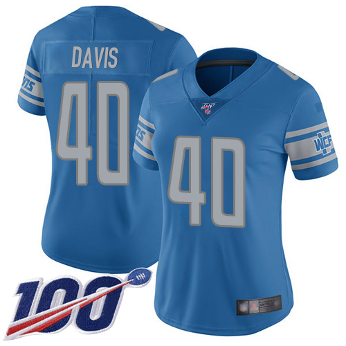 Lions #40 Jarrad Davis Blue Team Color Women's Stitched Football 100th Season Vapor Limited Jersey