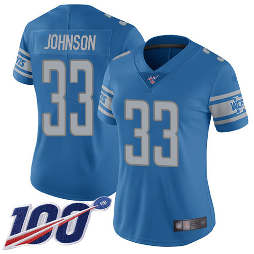 Lions #33 Kerryon Johnson Blue Team Color Women's Stitched Football 100th Season Vapor Limited Jersey