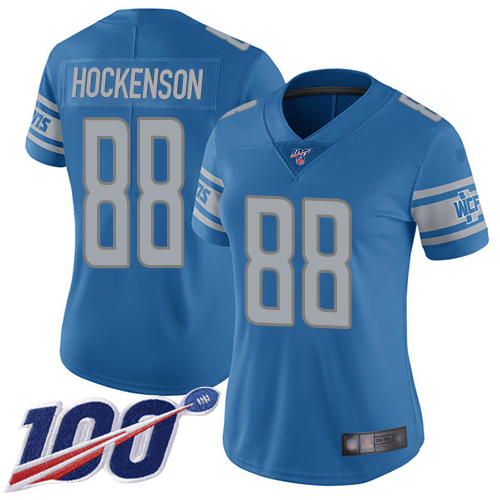 Lions #88 T.J. Hockenson Blue Team Color Women's Stitched Football 100th Season Vapor Limited Jersey