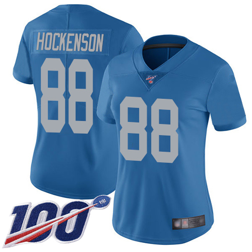 Lions #88 T.J. Hockenson Blue Throwback Women's Stitched Football 100th Season Vapor Limited Jersey Lions #88 T.J. Hockenson Blue Throwback Women's Stitched Football 100th Season Vapor Limited Jersey