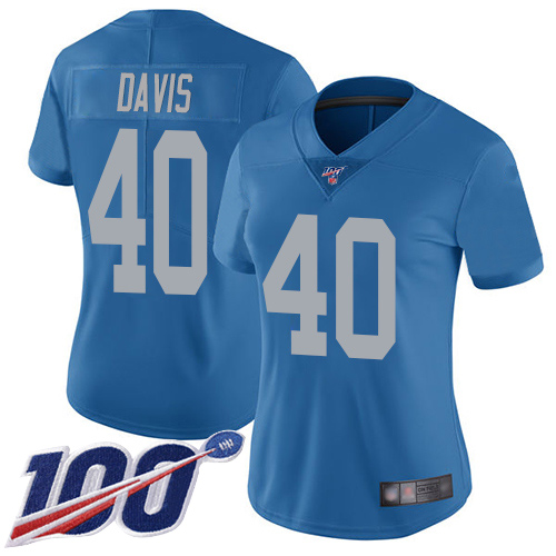 Lions #40 Jarrad Davis Blue Throwback Women's Stitched Football 100th Season Vapor Limited Jersey