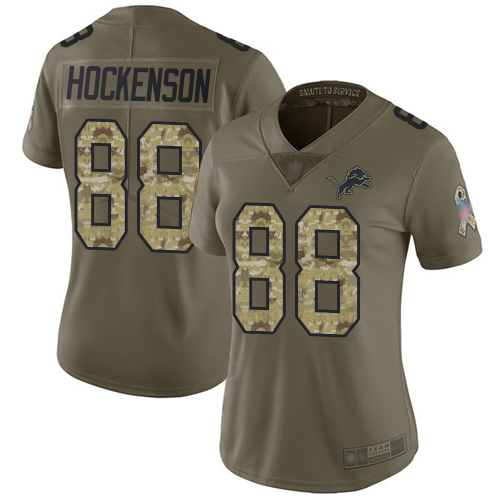 Lions #88 T.J. Hockenson Olive/Camo Women's Stitched Football Limited 2017 Salute to Service Jersey