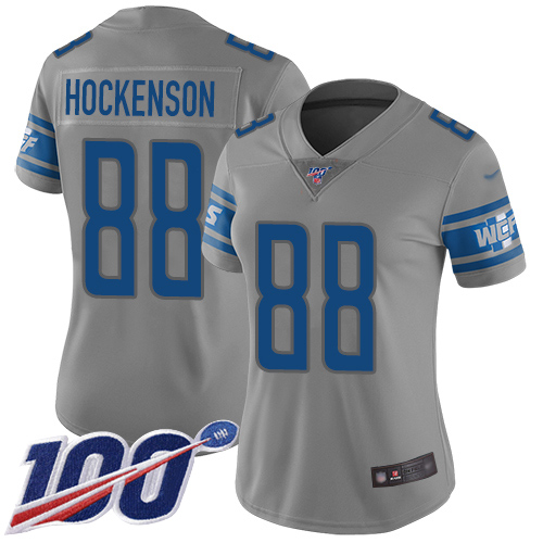 Lions #88 T.J. Hockenson Gray Women's Stitched Football Limited Inverted Legend 100th Season Jersey