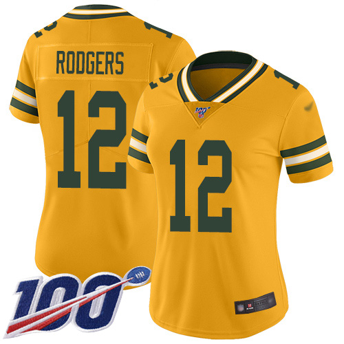Packers #12 Aaron Rodgers Gold Women's Stitched Football Limited Inverted Legend 100th Season Jersey
