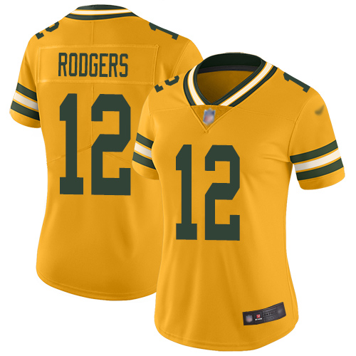 Packers #12 Aaron Rodgers Gold Women's Stitched Football Limited Inverted Legend Jersey