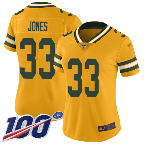 Packers #33 Aaron Jones Gold Women's Stitched Football Limited Inverted Legend 100th Season Jersey