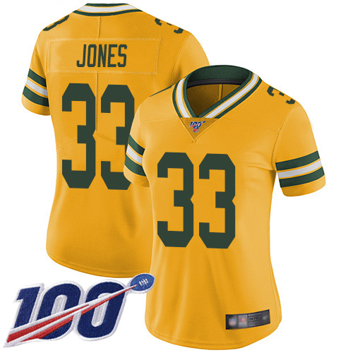 Packers #33 Aaron Jones Yellow Women's Stitched Football Limited Rush 100th Season Jersey