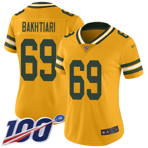 Packers #69 David Bakhtiari Yellow Women's Stitched Football Limited Rush 100th Season Jersey