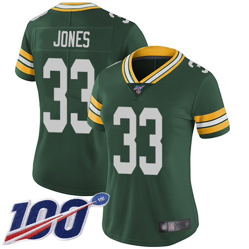 Packers #33 Aaron Jones Green Team Color Women's Stitched Football 100th Season Vapor Limited Jersey