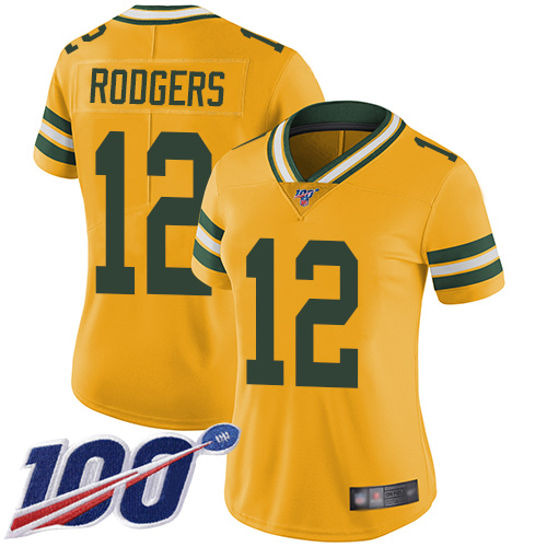 Packers #12 Aaron Rodgers Yellow Women's Stitched Football Limited Rush 100th Season Jersey