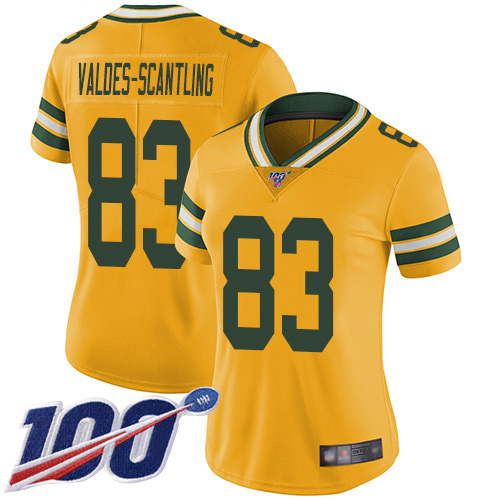 Packers #83 Marquez Valdes-Scantling Yellow Women's Stitched Football Limited Rush 100th Season Jersey
