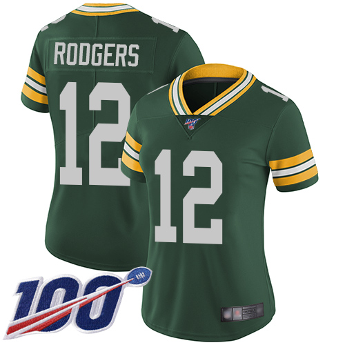 Packers #12 Aaron Rodgers Green Team Color Women's Stitched Football 100th Season Vapor Limited Jersey