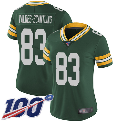 Packers #83 Marquez Valdes-Scantling Green Team Color Women's Stitched Football 100th Season Vapor Limited Jersey