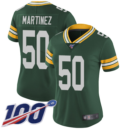 Packers #50 Blake Martinez Green Team Color Women's Stitched Football 100th Season Vapor Limited Jersey