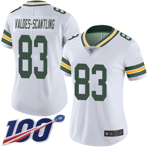 Packers #83 Marquez Valdes-Scantling White Women's Stitched Football 100th Season Vapor Limited Jersey
