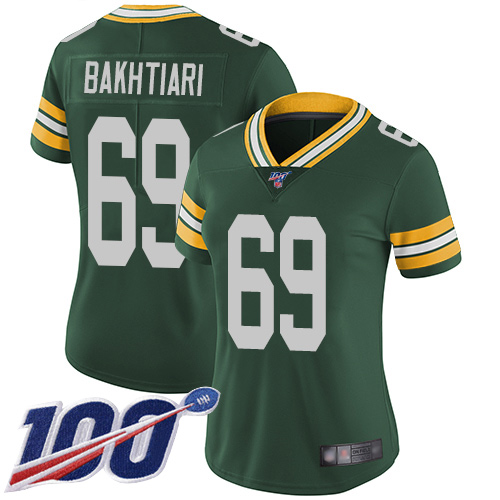 Packers #69 David Bakhtiari Green Team Color Women's Stitched Football 100th Season Vapor Limited Jersey