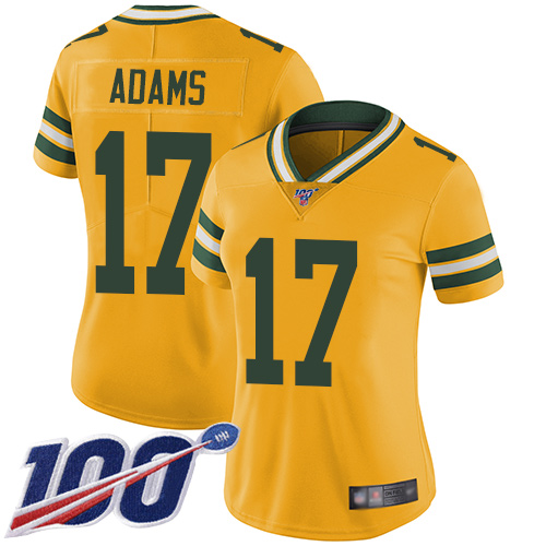 Packers #17 Davante Adams Yellow Women's Stitched Football Limited Rush 100th Season Jersey