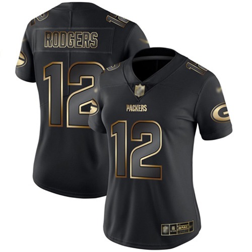 Packers #12 Aaron Rodgers Black/Gold Women's Stitched Football Vapor Untouchable Limited Jersey