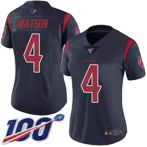 Texans #4 Deshaun Watson Navy Blue Women's Stitched Football Limited Rush 100th Season Jersey