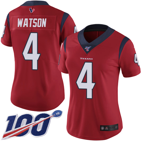 Texans #4 Deshaun Watson Red Alternate Women's Stitched Football 100th Season Vapor Limited Jersey