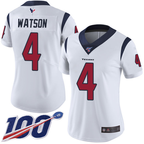 Texans #4 Deshaun Watson White Women's Stitched Football 100th Season Vapor Limited Jersey