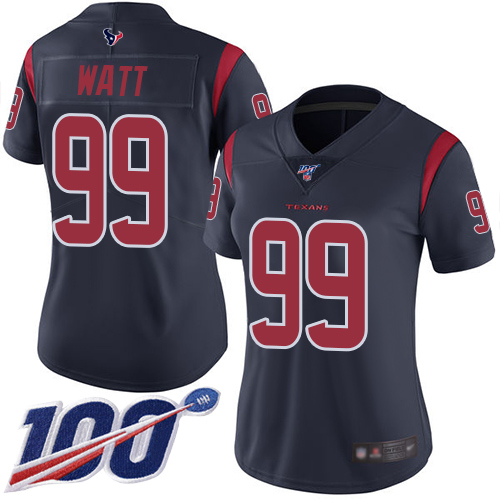 Texans #99 J.J. Watt Navy Blue Women's Stitched Football Limited Rush 100th Season Jersey