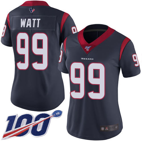 Texans #99 J.J. Watt Navy Blue Team Color Women's Stitched Football 100th Season Vapor Limited Jersey