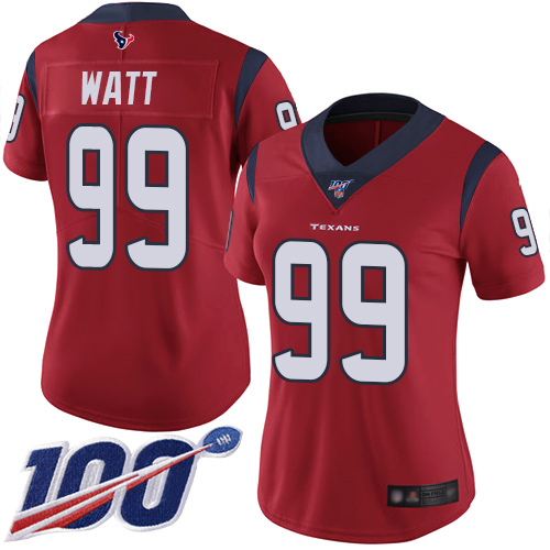Texans #99 J.J. Watt Red Alternate Women's Stitched Football 100th Season Vapor Limited Jersey